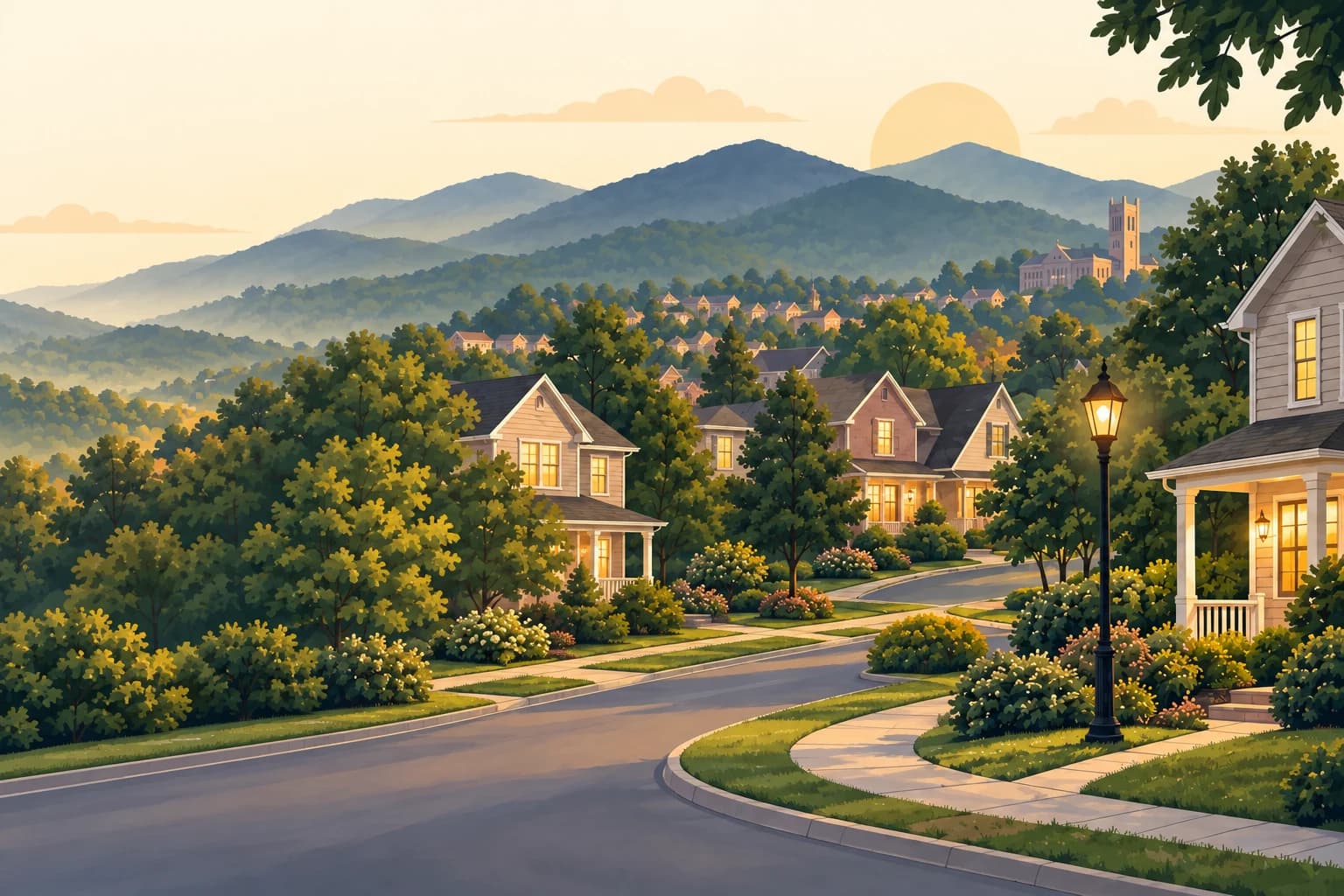 Conceptual illustration of a Virginia neighborhood with homes and mountains